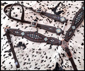 Showman Gator inlay one ear headstall and breast collar set with turquoise, and copper beading #2